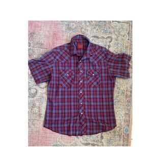 Rustler Men's Plaid Snap Button Up Shirt Short Sleeve Maroon Blue Size Large